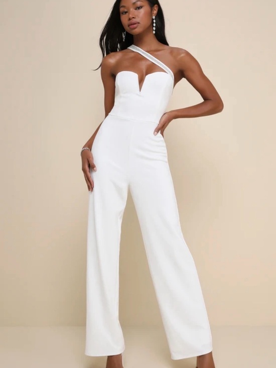 Lulus Pants - Lulu's White One-Shoulder Wide-Leg Jumpsuit